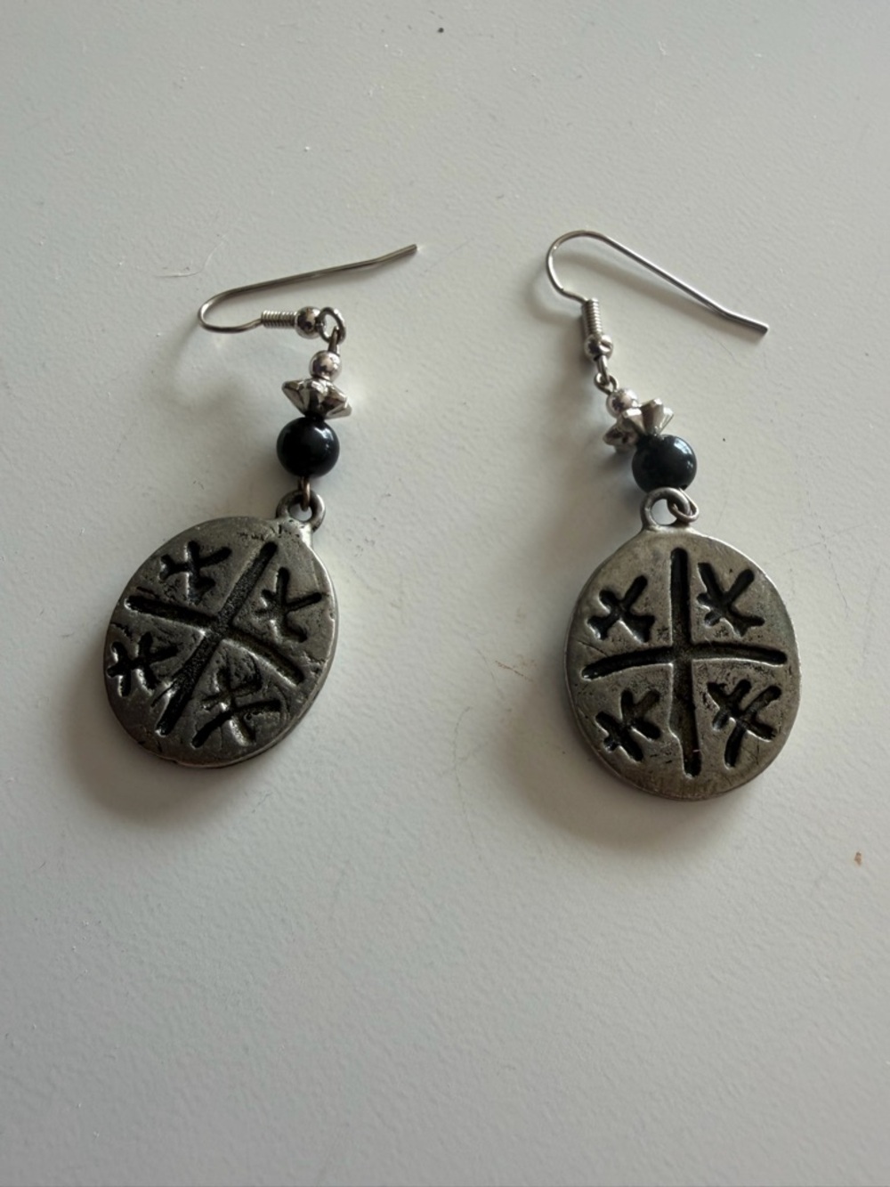 Silver Tone Tribal Medallion Dangle Earrings Black Bead Boho